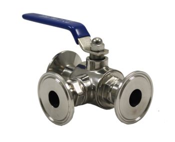 3 Way 1.5" Tri-Clover by 3/4" Ball Valve, T- Port 