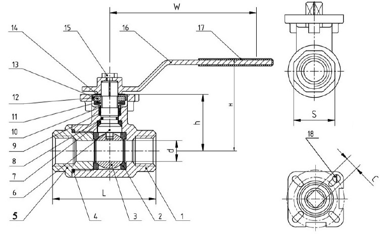 3000 PSI two piece stainless steel ball valve dimensions diagram