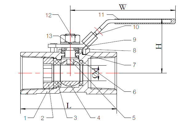 1 piece stainless steel ball valve dimension diagram